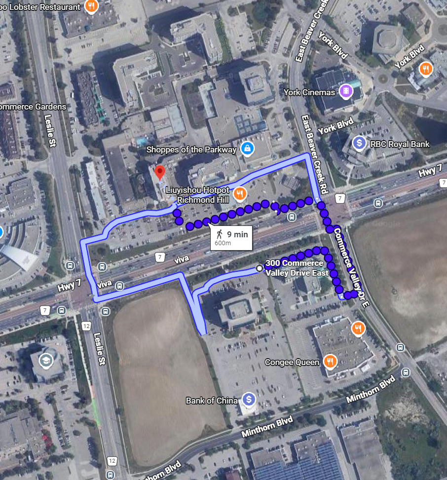 Screenshot from Google maps showing walking route between Sheraton and Hilton. Click map for written directions.