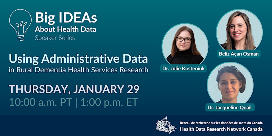 Event poster showing title, date/time, speakers' names and portraits, and HDRN logo