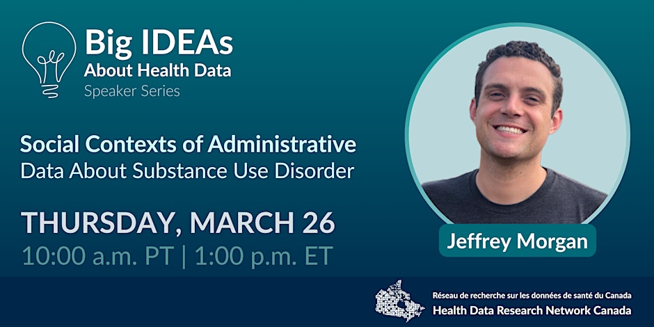 Event poster showing title, date/time, speaker's name and portrait, and HDRN logo