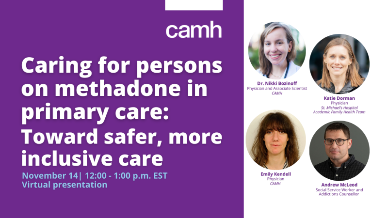 Social media card for event with CAMH colours and logo, event title, speakers names and headshots, and date/time. 