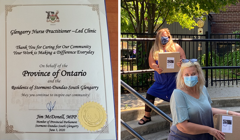 Left, photo of certificate presented to Glengarry NPLC by local MPP Jim McDonell, recognizing contributions and service to the community; right, MPP Christine Hogarth delivers food to LAMP CHC for a drop-in program.