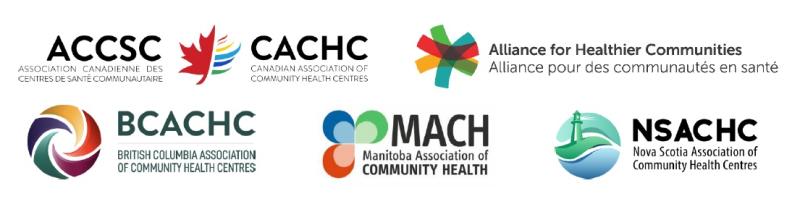 Logos of, from top left, clockwise, Canadian Association of Community Health Centres, Alliance for Healthier Communities, Nova Scotia Association of Community Health Centres, Manitoba Association of Community Health, British Columbia Association of Community Health Centres