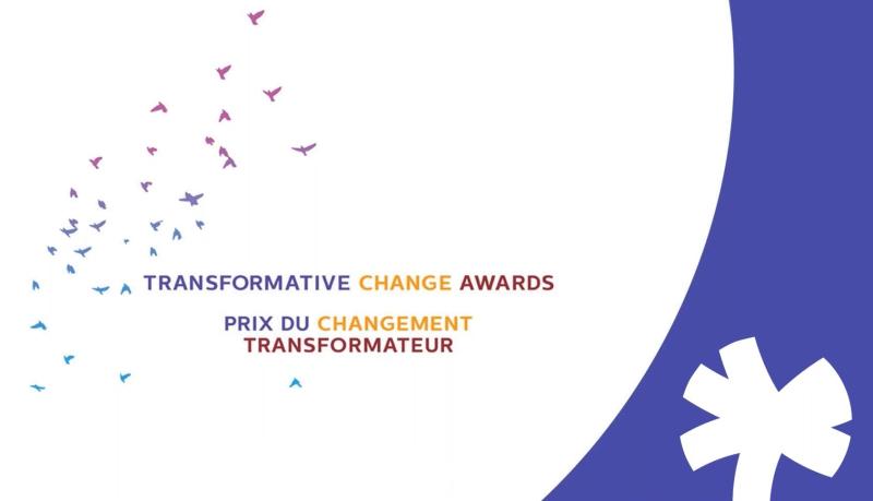 Graphic with illustration of birds flying with words: Transformative Change Awards Prix du changement transformateur